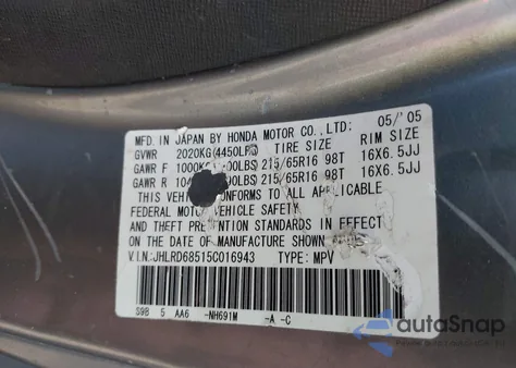 2005 Honda Cr-V Lx z USA, uszkodzony, nr VIN JHLRD68515C016943
